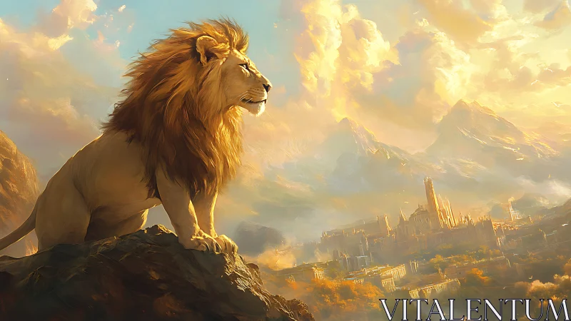 Majestic lion overlooking sunlit fantasy mountain citadel