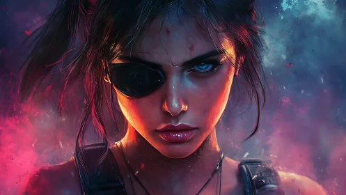 Battle-worn woman with eyepatch in neon rim lighting stares forward