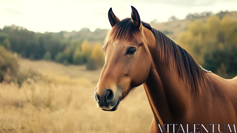 Golden brown horse gazes softly across a sunlit meadow