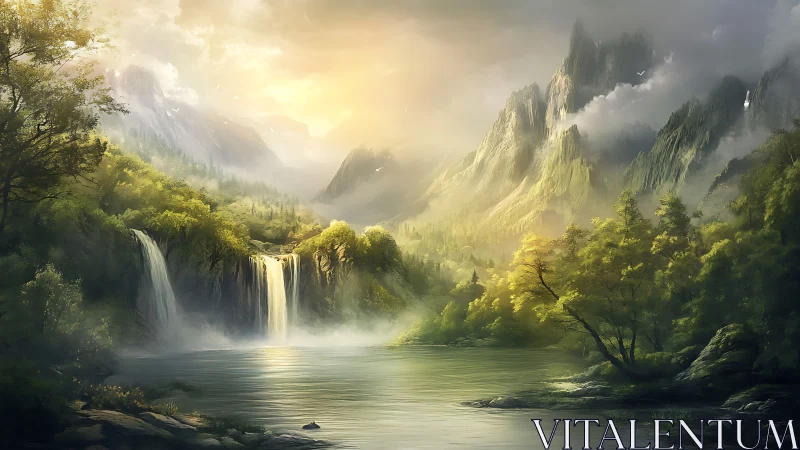 Sunlit mountain waterfalls pour gently into a misty lake