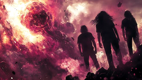 Metal silhouettes before cosmic fire vortex stormscape.