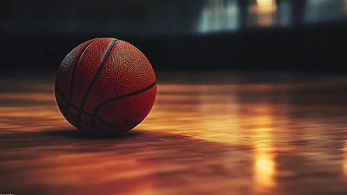 Lonely basketball on glossy court under warm arena lights.