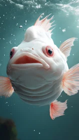 Albino fish portrait with translucent fins in teal water.