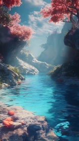 Iridescent canyon stream flows beneath luminous pink canopy