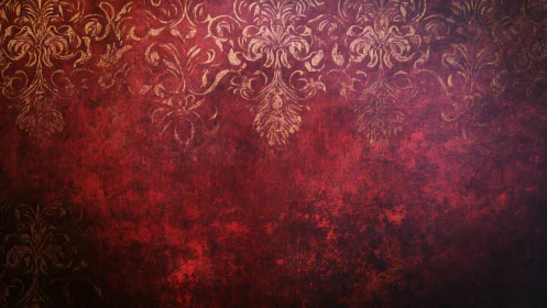 Ornamental gold damask pattern on textured red backdrop.