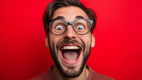 Joyful bearded guy in glasses sharing an infectious smile.