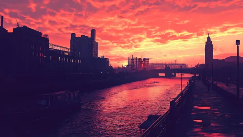 Riverside city skyline glows warmly beneath a vivid sunset