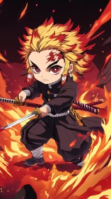 Fiery chibi swordsman stands ready amid swirling flames.