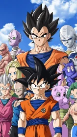 Group portrait of spiky-haired anime fighters and allies.