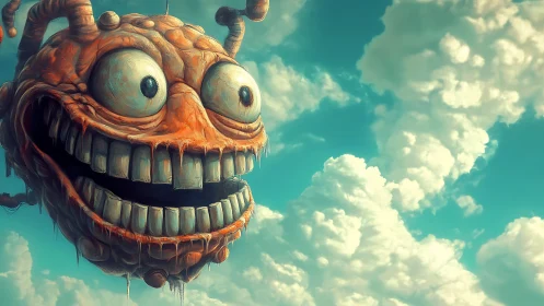 Grotesque orange sky creature drips above bright clouds.