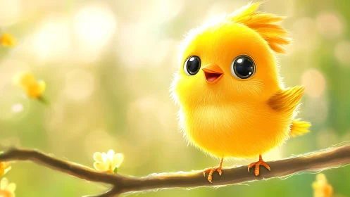 Cheerful Yellow Chick Perched on Wooden Branch