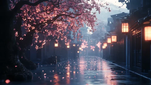 3D twilight street under luminous sakura canopy composition.