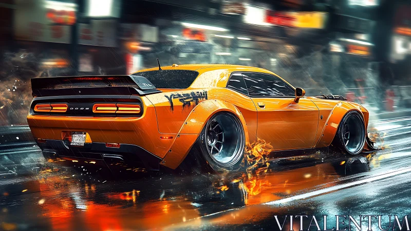 Orange muscle car on wet city street with motion and sparks.