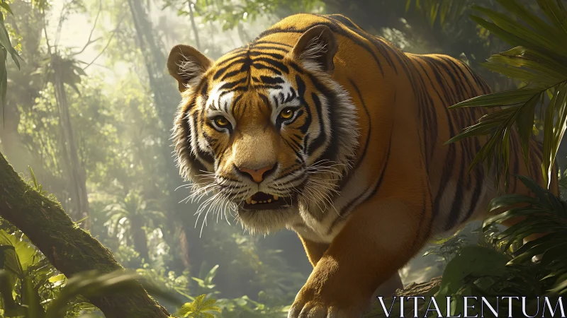 Tiger stalks dense tropical jungle under filtered sunlight