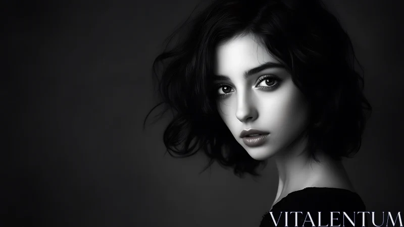 Monochrome digital portrait of young woman in profile.