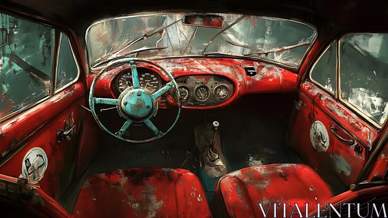 Rusty red classic car interior rendered in digital detail