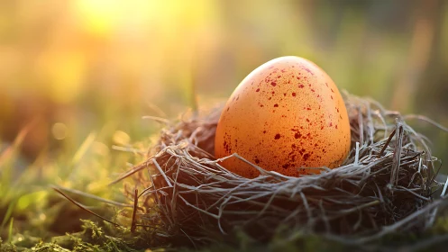 Backlit speckled egg rests in shallow nest under warm bokeh light