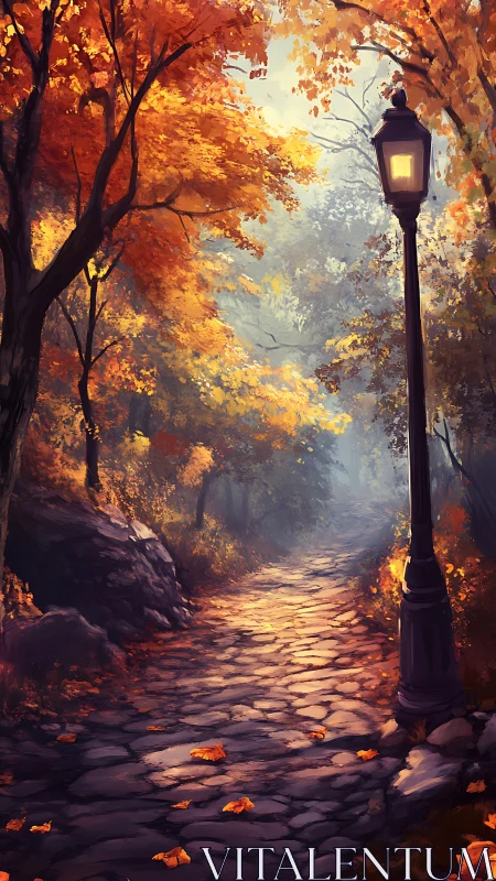 Lamplit stone path winds through a misty golden autumn forest