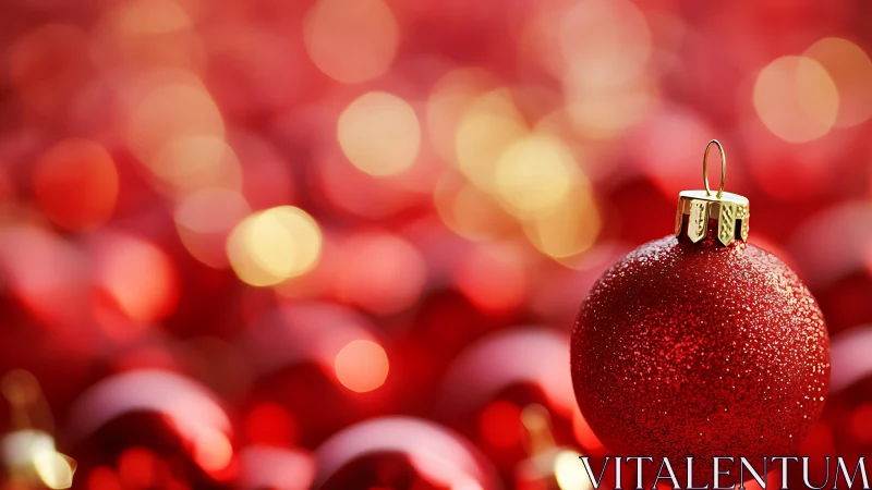 Red Christmas ornament in sharp focus against bokeh field.