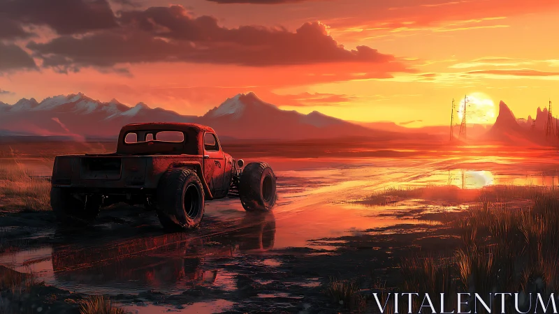 Rust-tough wasteland truck chasing molten sunset horizons.