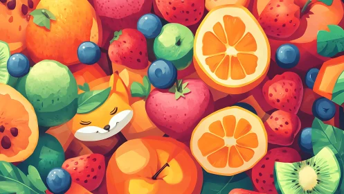 Fox napping in a carnival of candy-bright summer fruits.