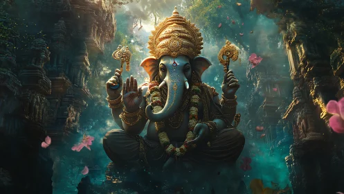 Jungle mist crowns Ganesha in luminous temple serenity