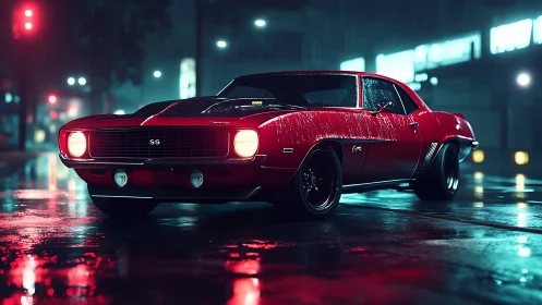 Red classic muscle car sits in wet neon city street at night