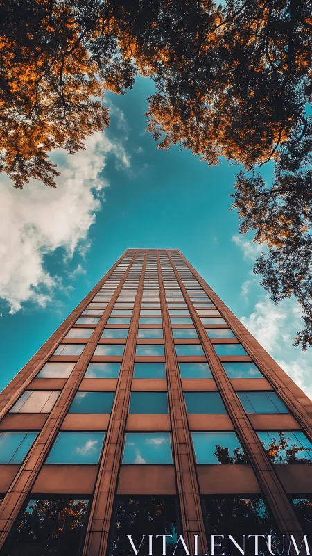 High-rise glass facade framed by tree canopy and sky.