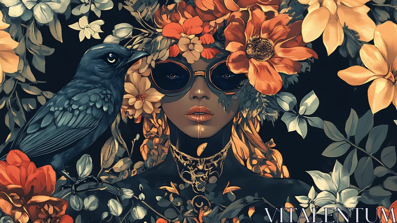 Floral crowned woman with raven companion in ornate portrait