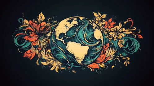 Stylized Earth surrounded by swirling floral illustrations