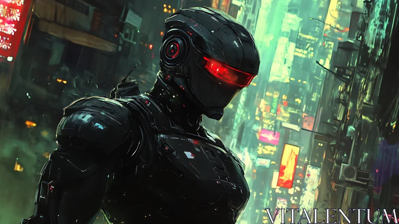 Cybernetic enforcer patrols neon-drenched future megacity.