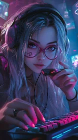 Neon gamer girl lost in a cozy late night streaming world.