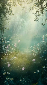 Softly lit woodland clearing contains flowers and dense foliage