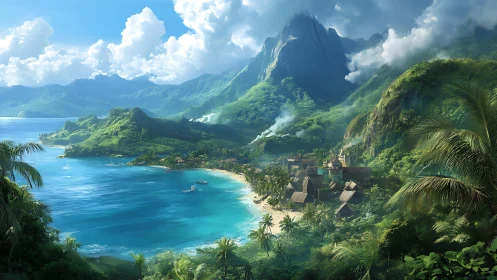 Tropical island bay with steep volcanic cliffs, lush vegetation and turquoise waters