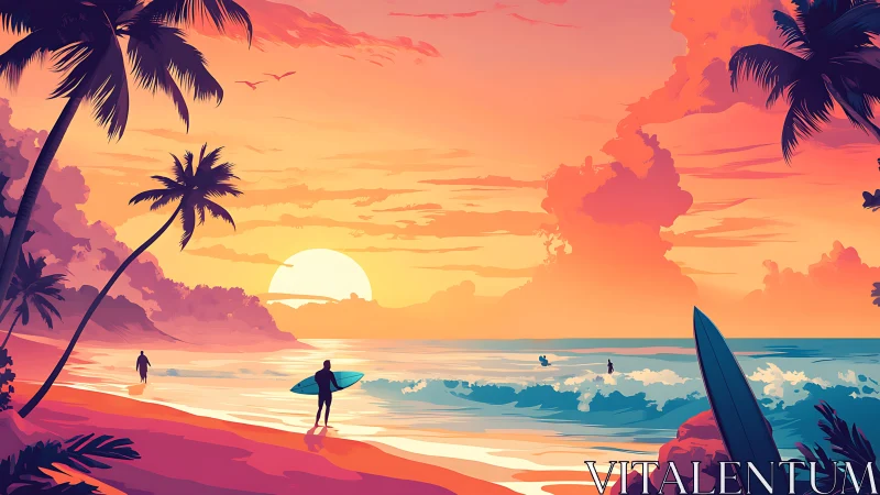 Sunset surf shoreline rendered in high-saturation vector gradients