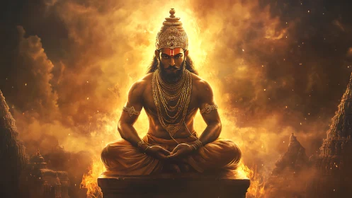 Mythic warrior ascetic in lotus pose amid volumetric fire clouds
