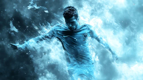 Soccer player rendered in dynamic blue energy motion