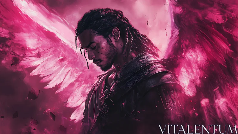 Winged male figure in magenta atmospheric digital artwork.