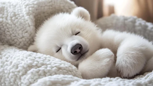 Sleeping polar bear cub curled in soft white textured blankets
