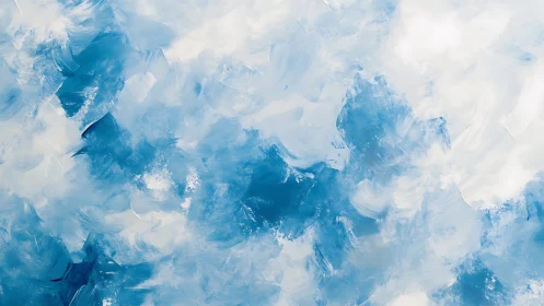 Abstract blue and white brushstroke cloudscape painting.