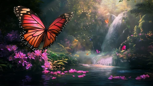 Iridescent monarch butterfly over luminous rainforest waterfall