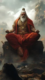 Firelit ascetic sage levitates over shattered volcanic realm