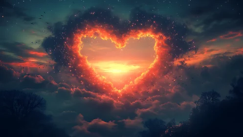 Fiery Heart Shape in Sunset Clouds