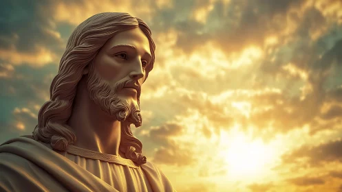 Digital sculpted Messiah bust under volumetric sunrise sky.