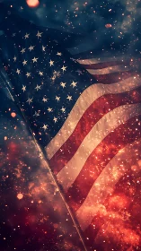 American flag glows through ember sparks and stormy haze