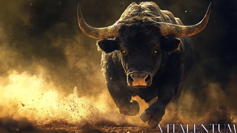 Charging bull in dynamic low key dust field with rim lighting