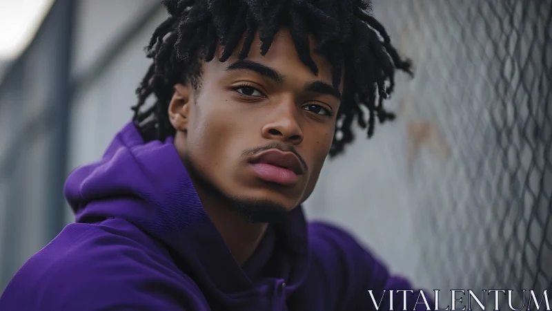 Purple-hooded daydreamer by chain-link city border.