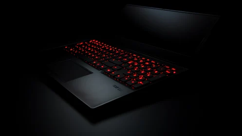 Backlit gaming laptop keyboard glowing in dramatic darkness.
