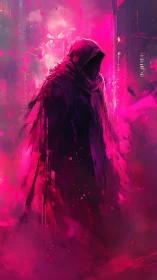 Neon cloaked figure in magenta vapor digital environment.