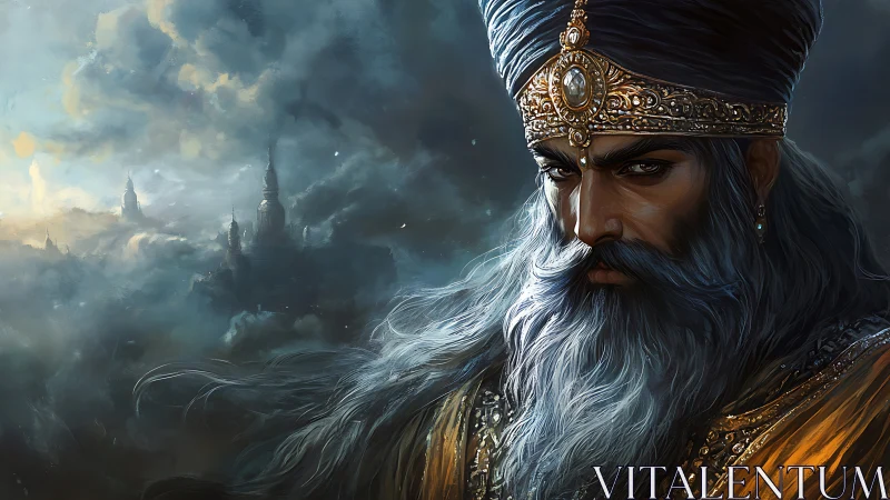 Majestic turbaned ruler watching over a misty sky kingdom.
